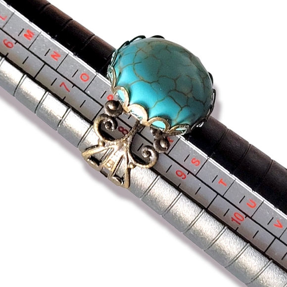 Turquoise Victorian Style Cabochon French Copper Filigree Ring, 8 - Picture 5 of 8